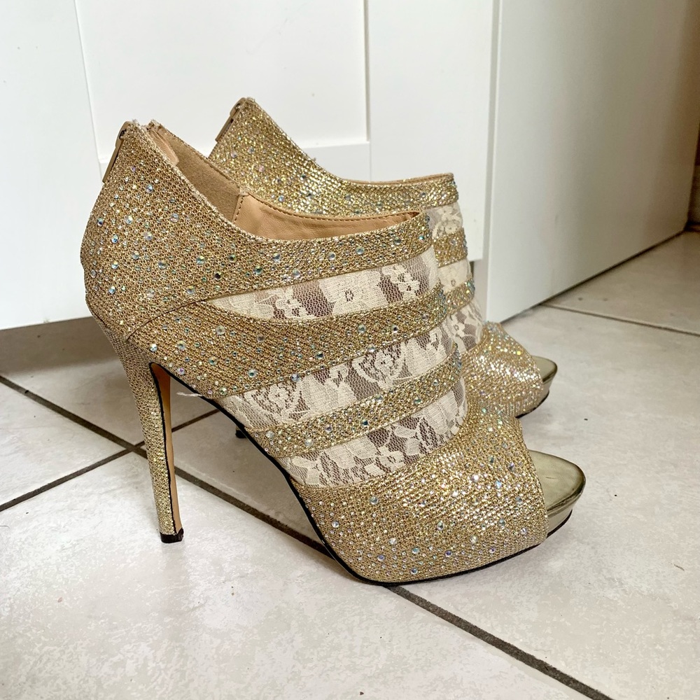 Celeste Golden Sparkle Laced Strappy Caged Platform Heels